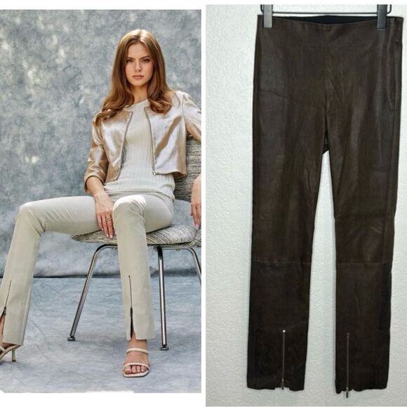 Susan Bender  Stretch Leather Zipper Pants in Chocolate Nubuck Leather Small - Picture 1 of 13